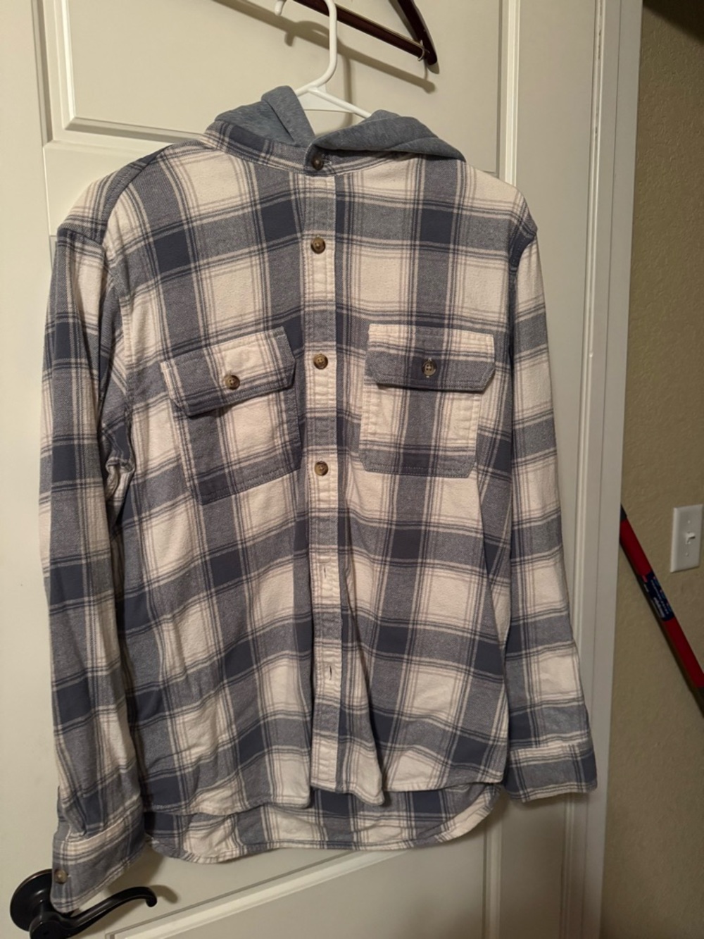 Old Navy Men's Plaid Button-Down Hooded Shirt - Blue & White